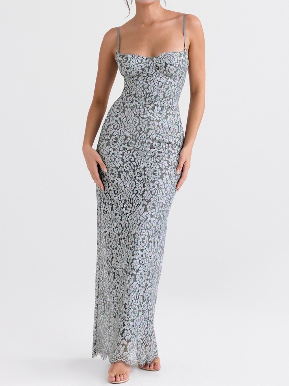 House of CB Katja silver metallic lace corset dress